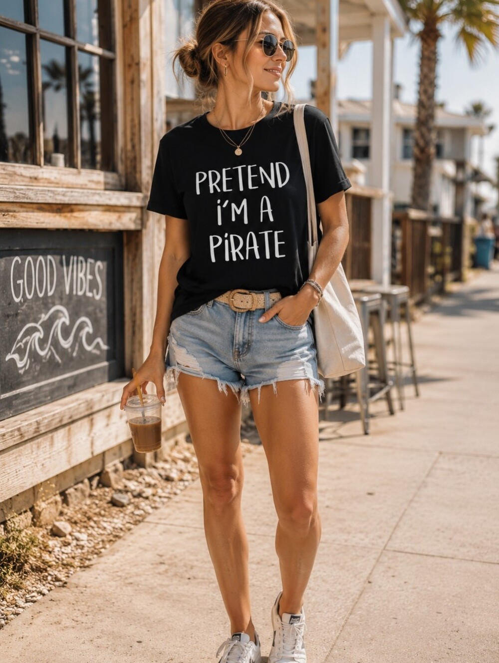 Pretend I'm a Pirate Graphic Tee - Black with White Print Unisex Medium